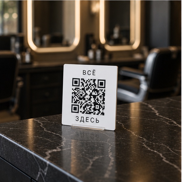 Белая QR-табличка на стойке барбершопа