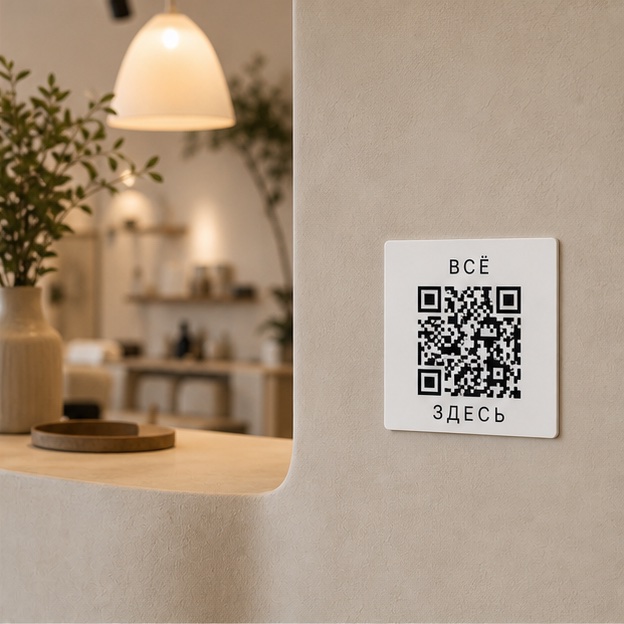 Белая QR-табличка на стене в светлом салоне