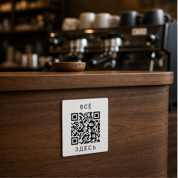 Белая QR-табличка на деревянной стойке кофейни